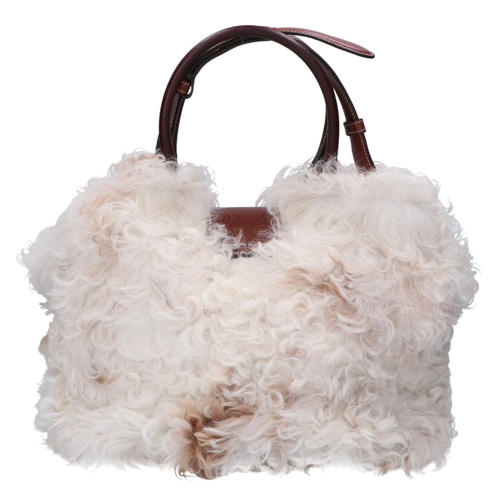TOD'S CT39 Double T Real Fur 2-Way Tote Bag in White and Brown - Picture 3 of 9